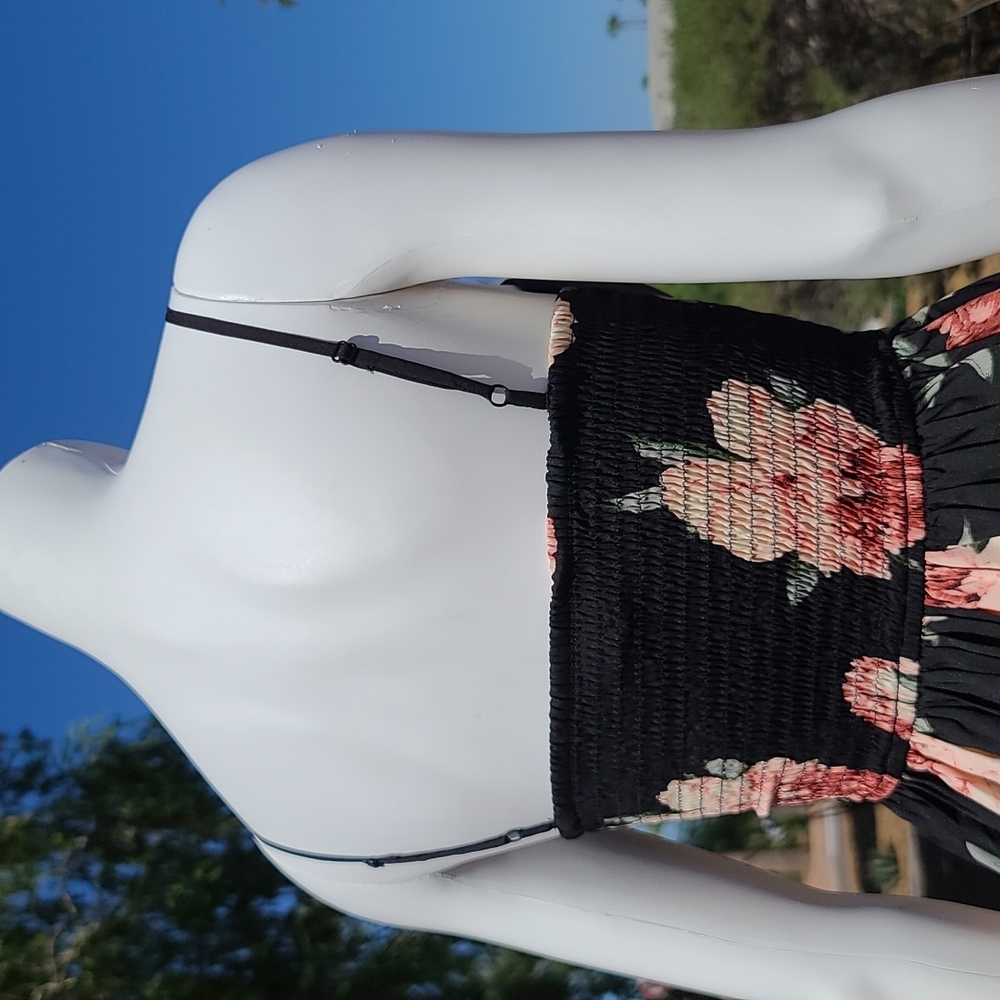 BAND OF GYPSIES Smocked Mini Dress XS Black Floral Skater Peplum Corset Sara - Picture 7 of 16